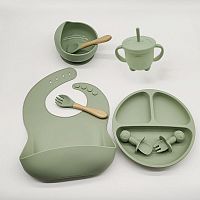 (Оливковый) Детский силиконовый набор посуды для кормления малыша 9 предметов