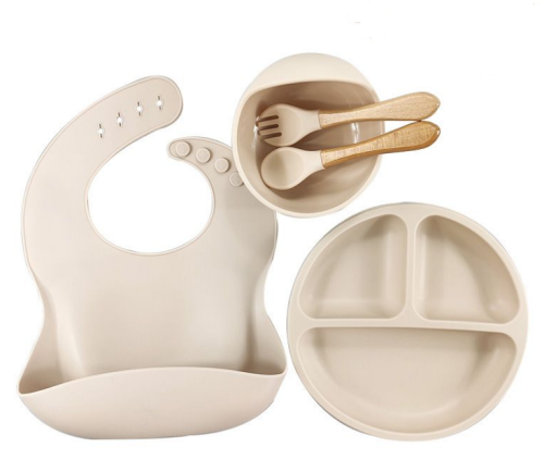 (Бежевый) Детский силиконовый набор посуды для кормления малыша 9 предметов фото 3