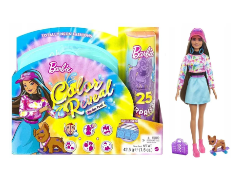 (голубой) Кукла Barbie Mattel Набор Color Reveal Neon Tie-Dye Барби с 25 сюрпризами Неоновая кукла HCD25 фото 8