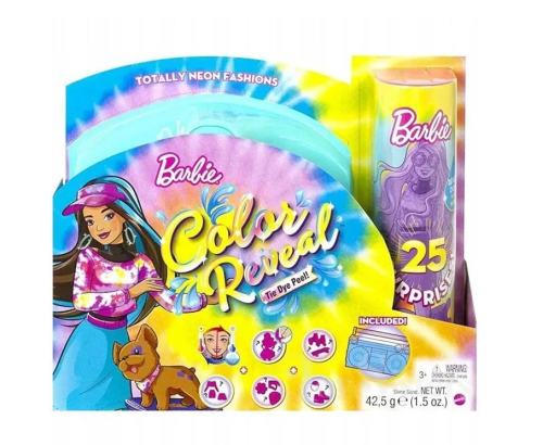 (голубой) Кукла Barbie Mattel Набор Color Reveal Neon Tie-Dye Барби с 25 сюрпризами Неоновая кукла HCD25 фото 4