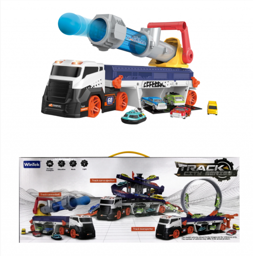 E7007 Грузовик игрушечный WinTek с пушкой и машинками TRACK CITY SERIES, автовоз, гараж на колесах фото 2