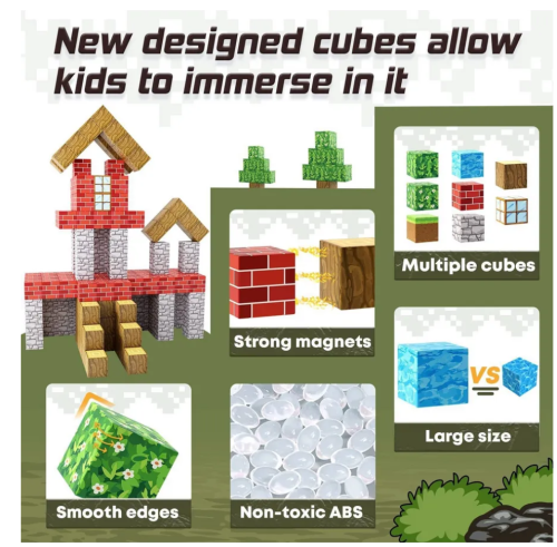 (64 шт) Набор блоков-кубиков Мой магнитный мир (майнкрафт магнитный конструктор) фото 5