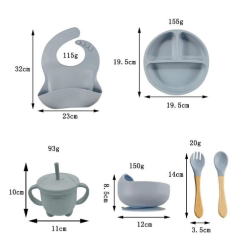 (Оливковый) Детский силиконовый набор посуды для кормления малыша 9 предметов фото 6