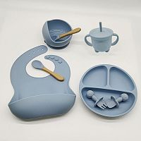 (Голубой) Детский силиконовый набор посуды для кормления малыша 9 предметов