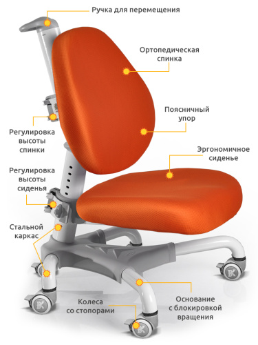 Компьютерное кресло для школьника Mealux Champion (Цвет обивки:Оранжевый, Цвет каркаса:Белый) фото 2