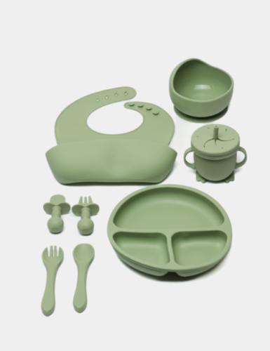 (Оливковый) Детский силиконовый набор посуды для кормления малыша 9 предметов фото 3