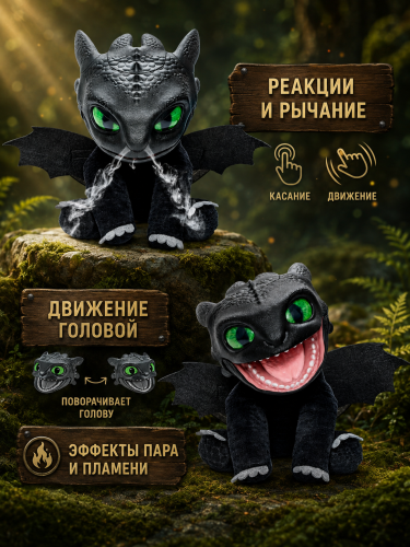 Интерактивная мягкая игрушка Беззубик 30 см Как приручить дракона, +50 реакций и звуков, эффекты дыма и огня фото 2