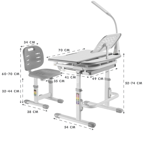 Растущий детский комплект: парта-трансформер с подставкой для книг, лампой и стул SET HOLTO-12 (серый) фото 3