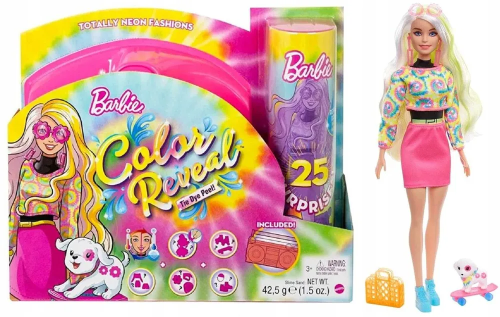 (розовый) Кукла Barbie Mattel Набор Color Reveal Neon Tie-Dye Барби с 25 сюрпризами Блондинка с питомцем HCD25_3 фото 2