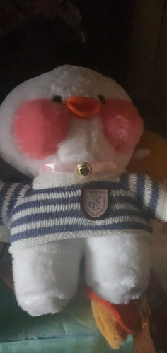 Мягкая игрушка Уточка Lalafanfan duck белая в полосатом свитере 30 см фото 4