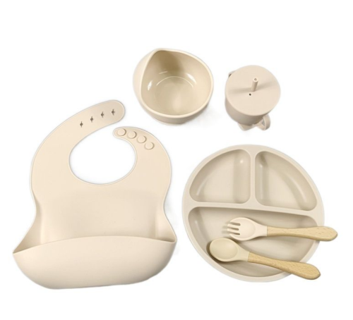 (Бежевый) Детский силиконовый набор посуды для кормления малыша 9 предметов фото 2