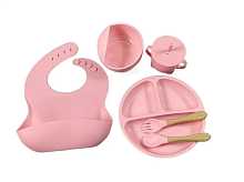 (Розовый) Детский силиконовый набор посуды для кормления малыша 9 предметов