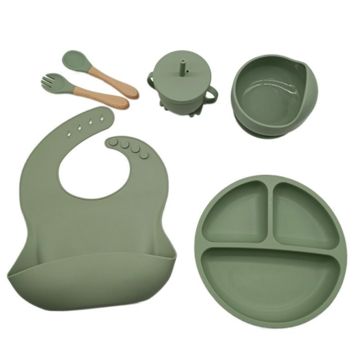 (Оливковый) Детский силиконовый набор посуды для кормления малыша 9 предметов фото 2