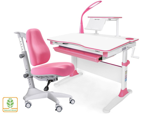 Комплект парта и кресло Mealux EVO-30 + Y-528 (с лампой) (дерево) (Цвет столешницы:Белый, Цвет ножек стола:Белый, Цвет обивки:Розовый, Цвет кромки:Розовый)
