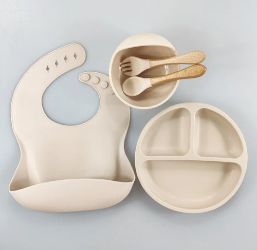 (Бежевый) Детский силиконовый набор посуды для кормления малыша 9 предметов фото 7