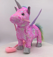 30 см Интерактивная мягкая игрушка Единорог с пайетками на поводке ходит, издаёт звуки (розовый)