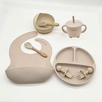 (Бежевый) Детский силиконовый набор посуды для кормления малыша 9 предметов