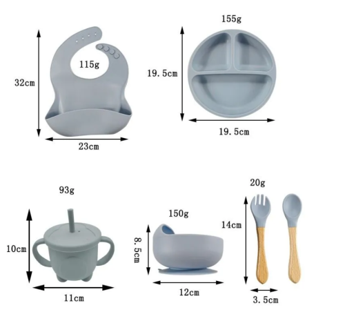 (Голубой) Детский силиконовый набор посуды для кормления малыша 9 предметов фото 6