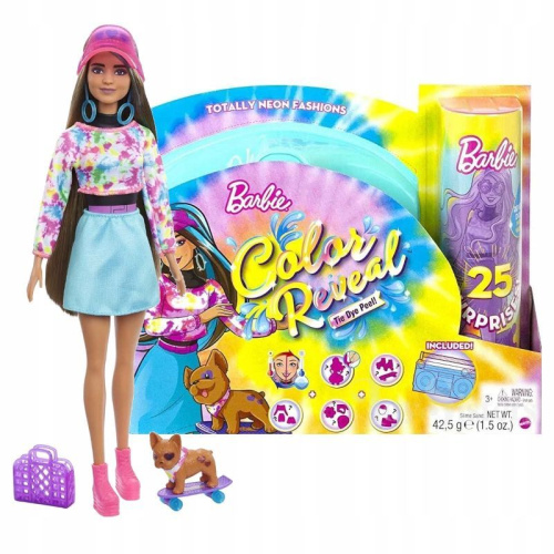 (голубой) Кукла Barbie Mattel Набор Color Reveal Neon Tie-Dye Барби с 25 сюрпризами Неоновая кукла HCD25