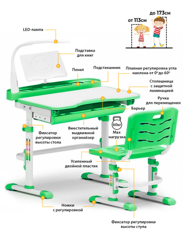 Комплект парта и стульчик Mealux EVO-18 (с лампой) (Цвет столешницы:Белый, Цвет ножек стола:Зеленый) фото 2